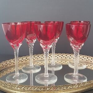 Sasaki Crystal Cordial Glasses: Ruby Red Bowl, Twisted Stem, Set of 6